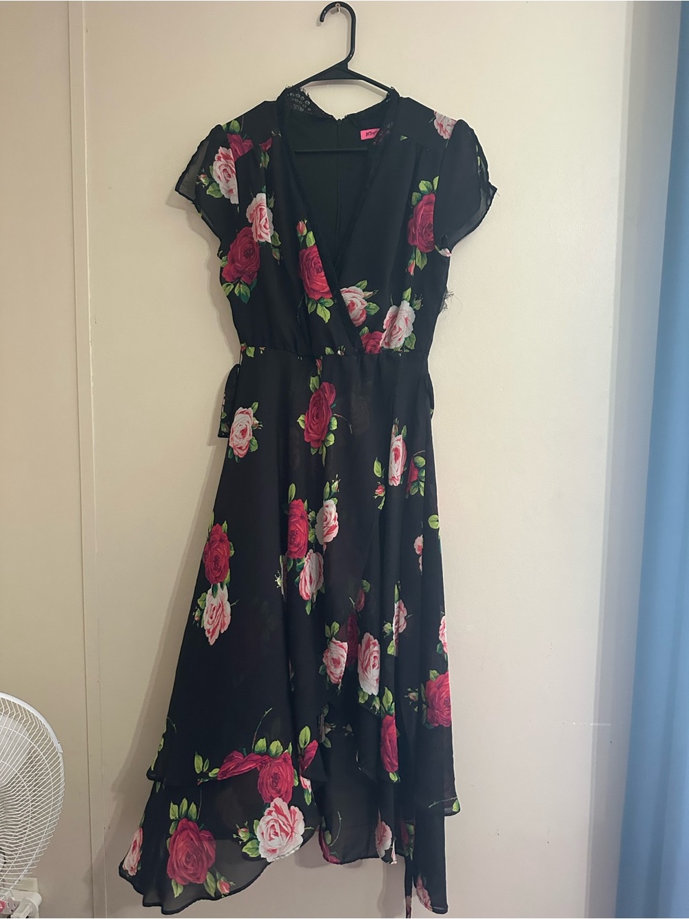 Betsey Johnson Black Floral Wrap Dress with Pink Roses